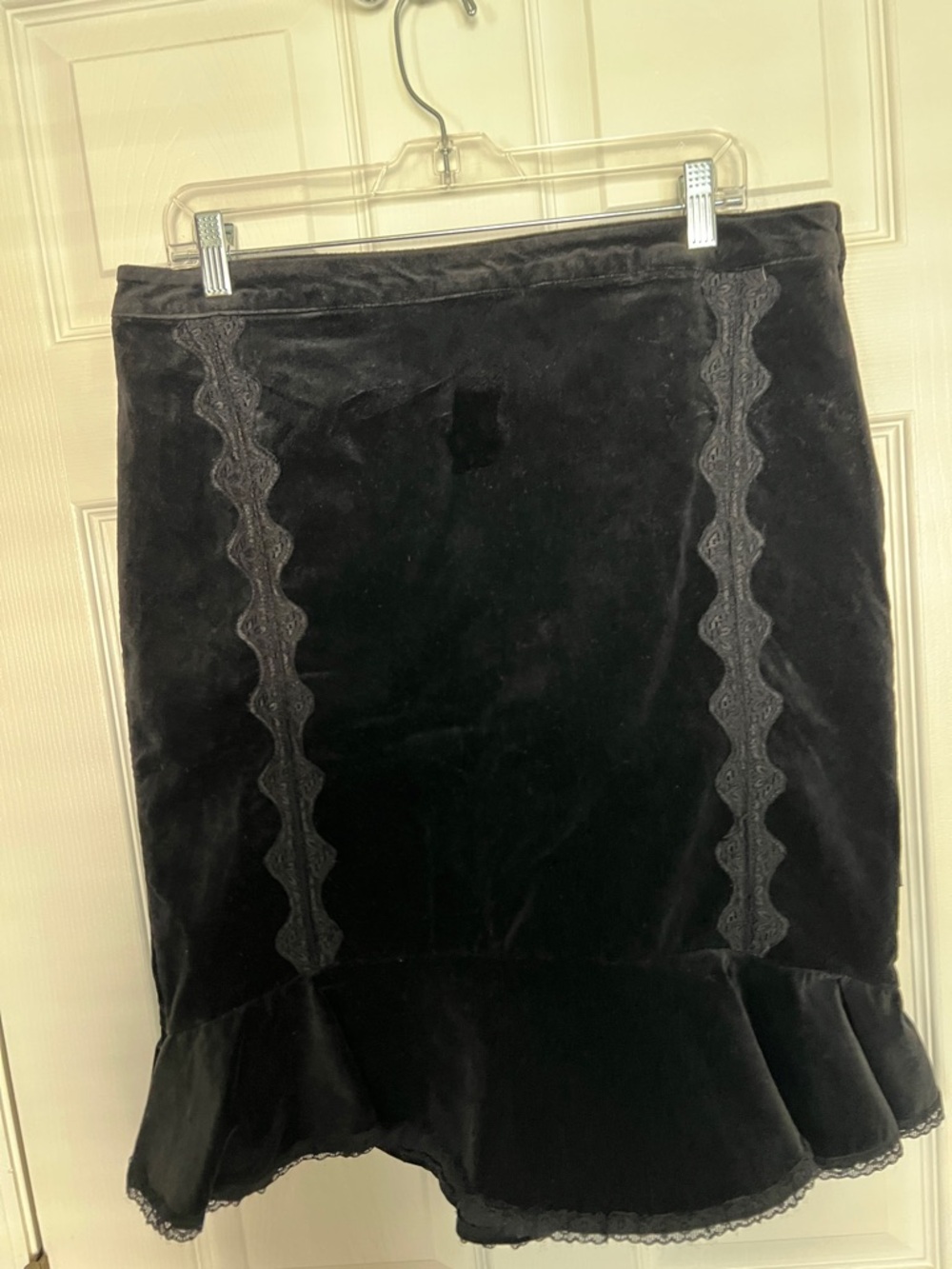 Tripp NYC Black Velvet Ruffle-Hem Skirt with Lace Panels